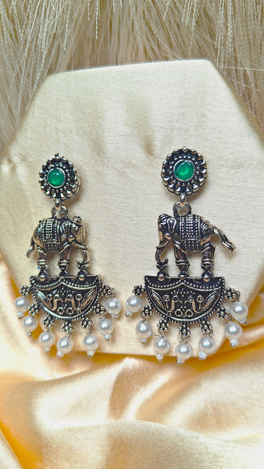 Regal Haathi Oxidised Pearl Dangler Earrings