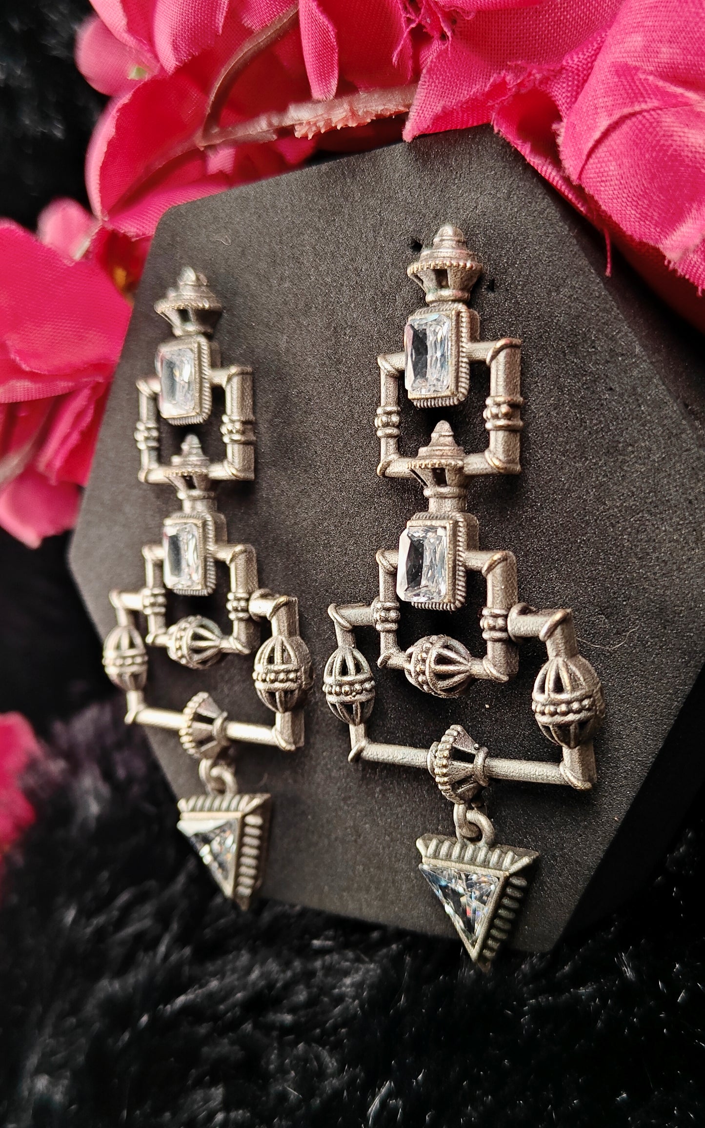 Silver Tribal Dangle Earrinngs With MIrror Stones