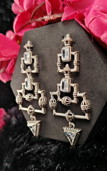 Silver Tribal Dangle Earrinngs With MIrror Stones