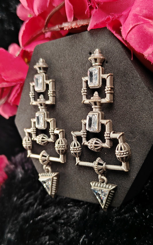 Silver Tribal Dangle Earrinngs With MIrror Stones