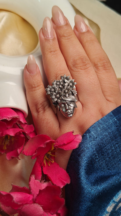 Floral Goddess Oxidised Statement Ring