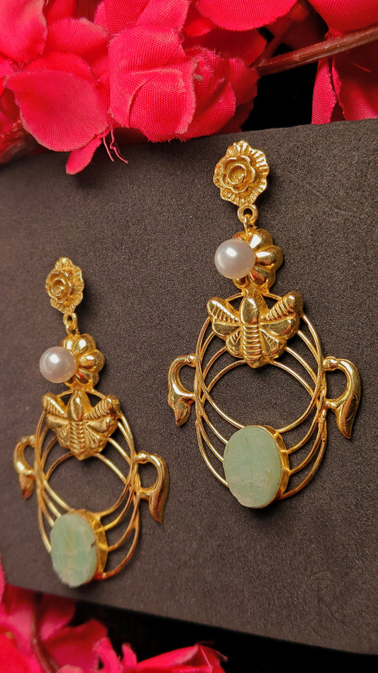 Golden Bee Motif Statement Earrings with Pearl & Mint Green Stone