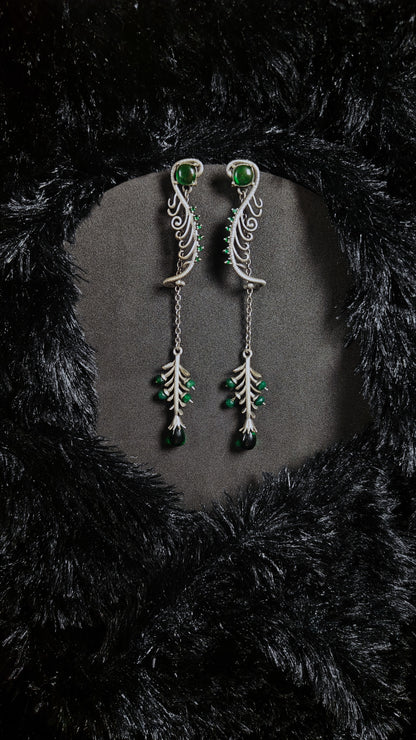 Emerald dewdrop green earrings - silver long drop floral earrings
