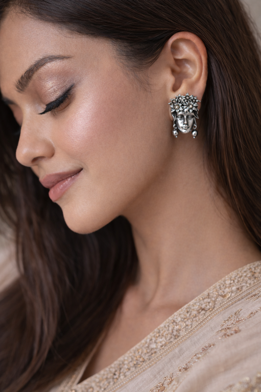 Silver Floral Crown Face Stud Earrings