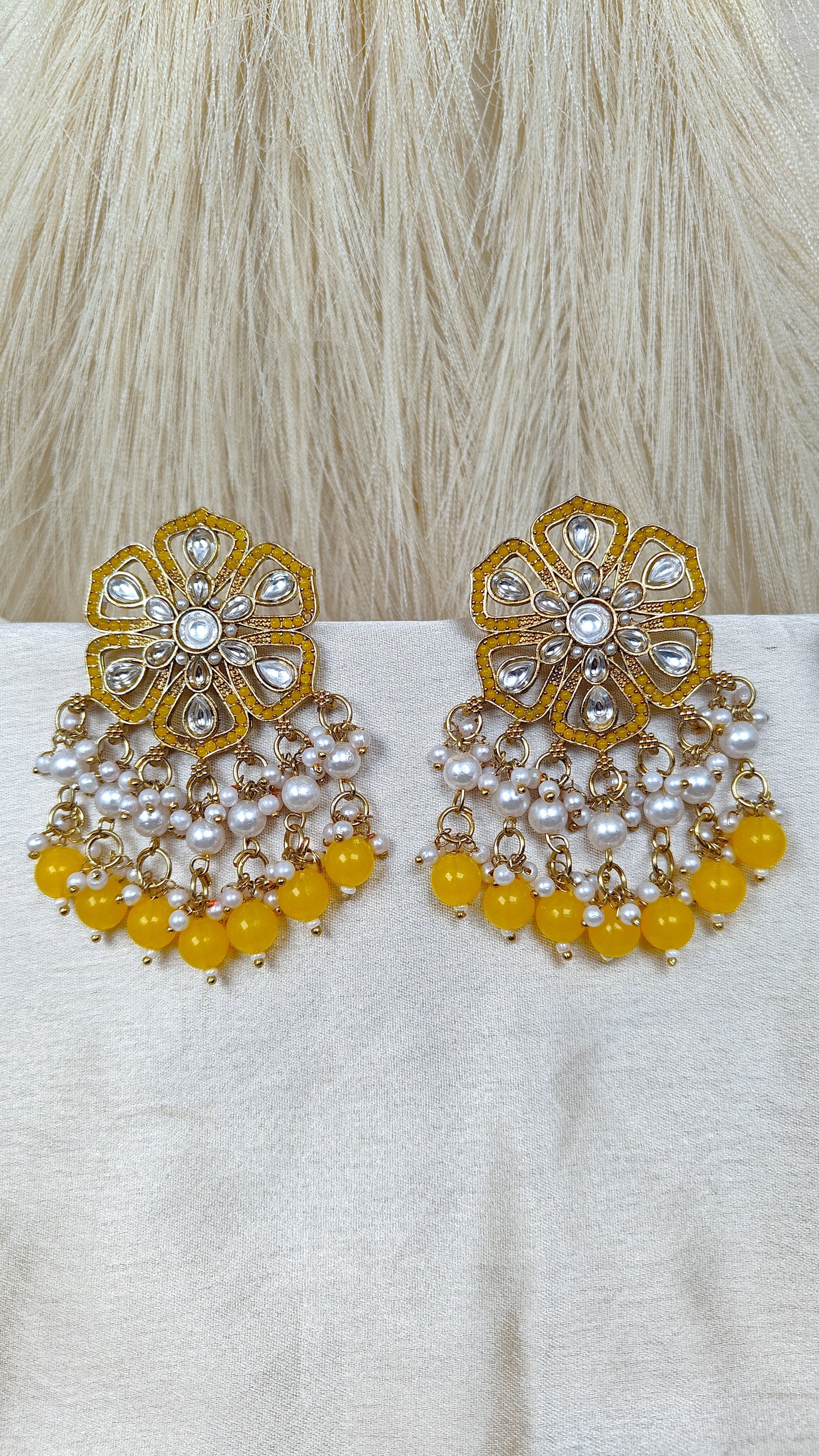 Yellow kundan floral pearl chandbali earrings