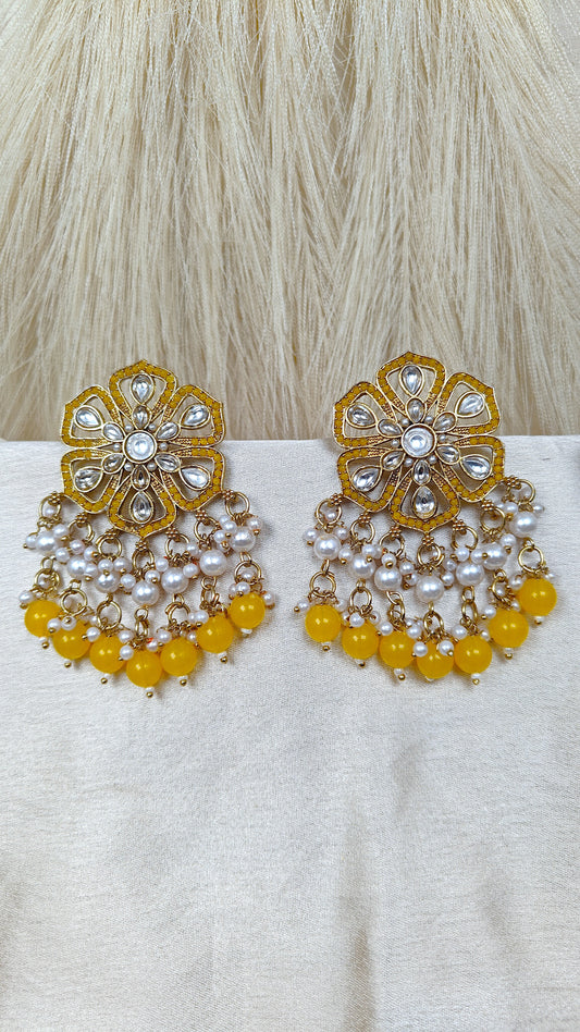 Yellow kundan floral pearl chandbali earrings