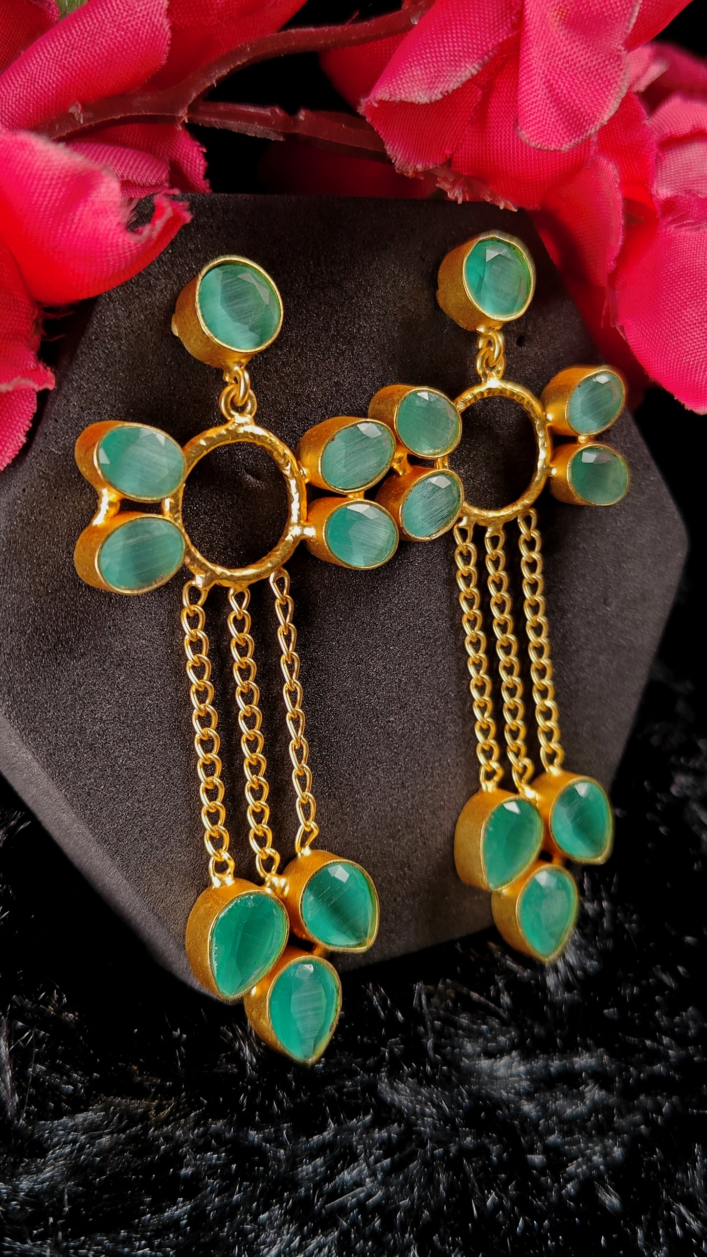Green Petal Long Drop Earrings