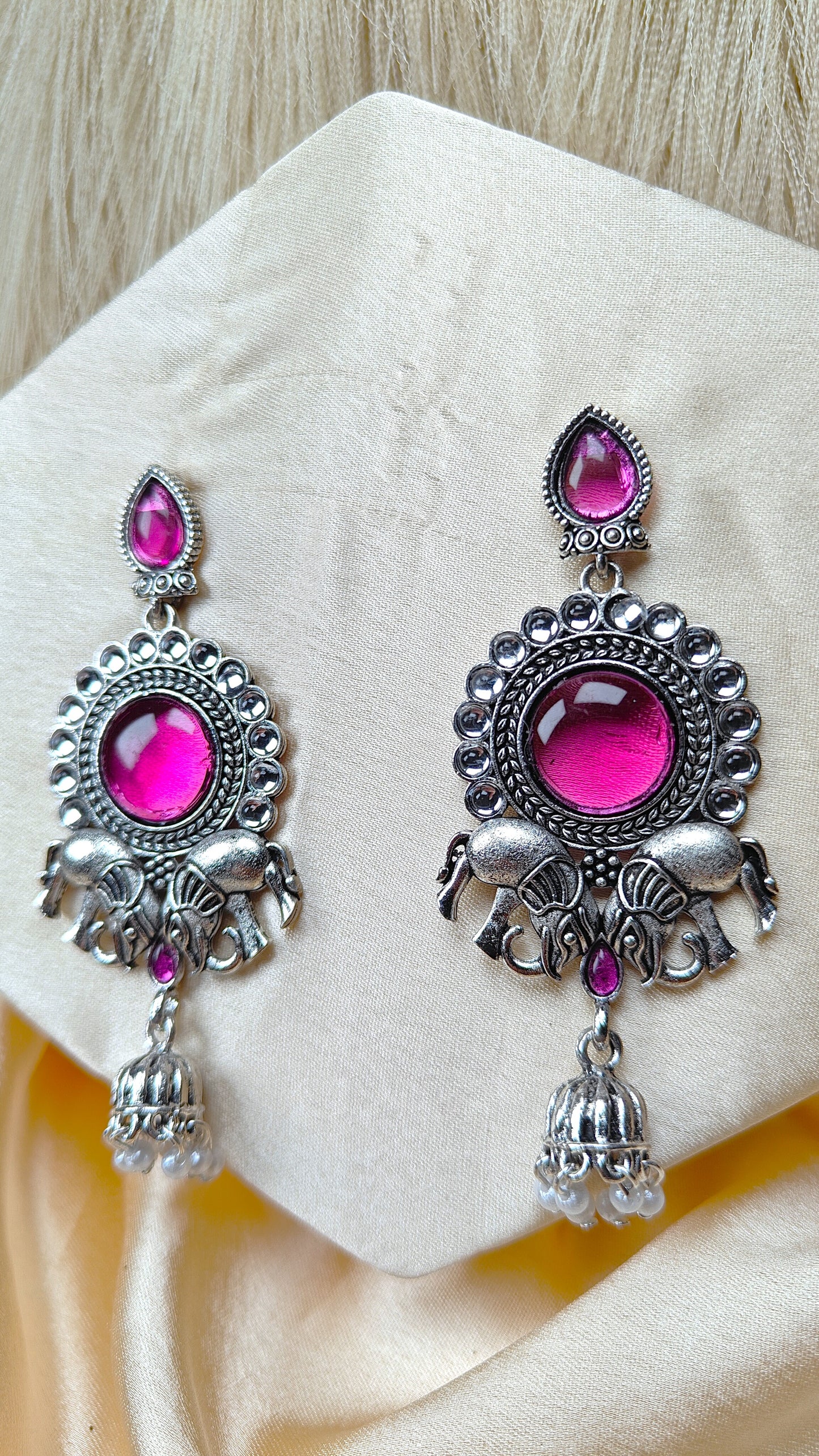 Royal Blush Elephant Oxidised Mirror Earrings