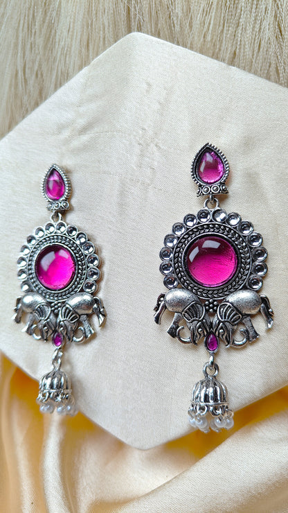 Royal Blush Elephant Oxidised Mirror Earrings