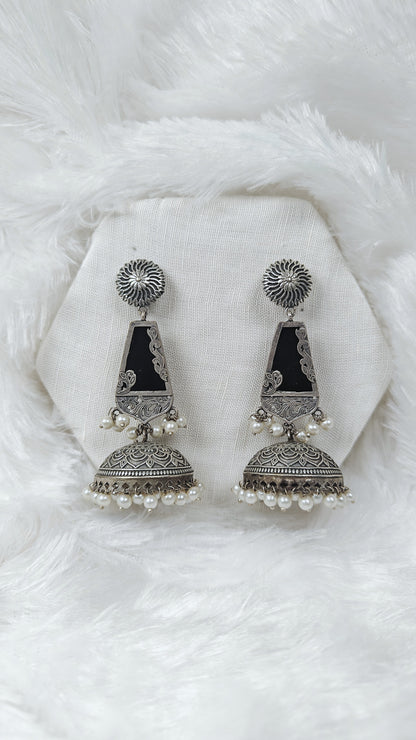 Oxidised black mirrior cone jhumka earrings
