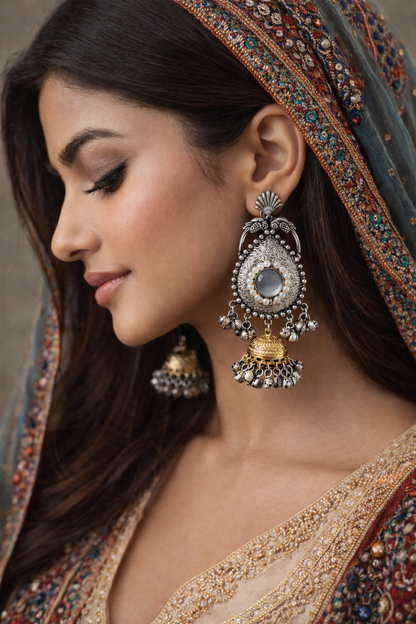 Vintage Oxidized Dual-Tone Pearl Dome Earrings