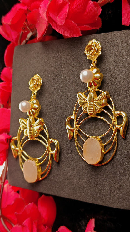 Gold-Plated Bee Motif Earrings With Pearl