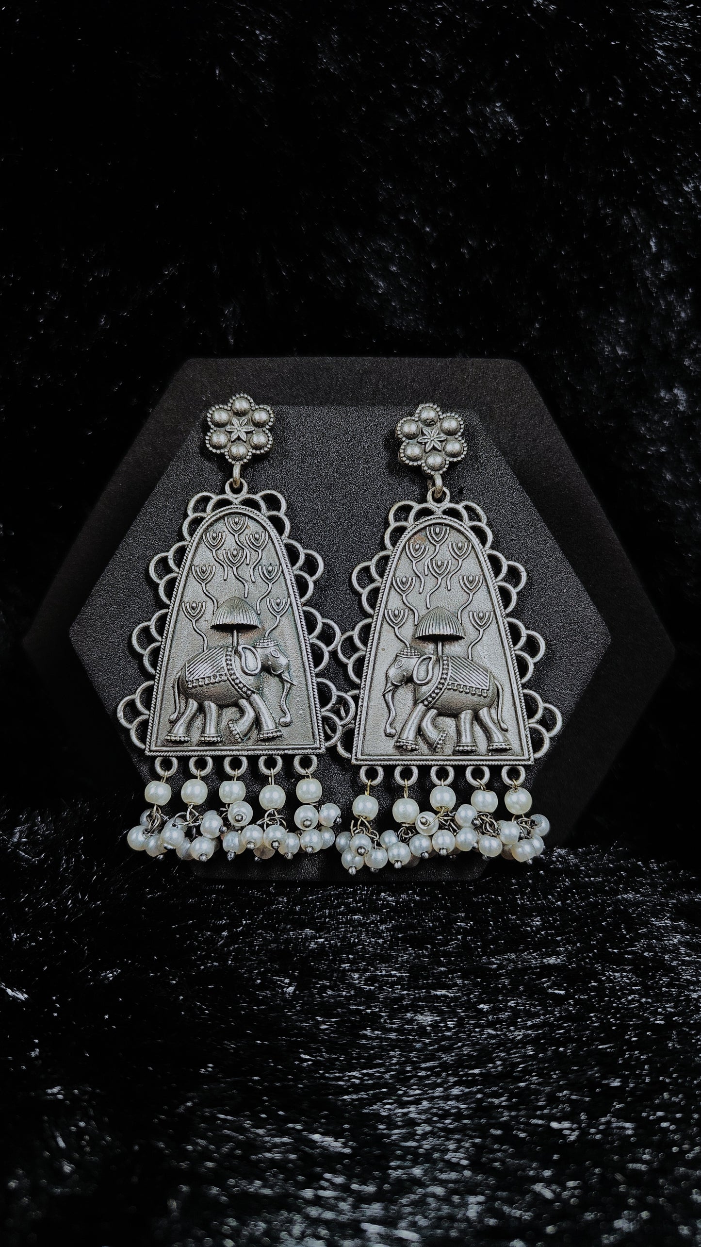 Antique Silver Oxidized Elephant Earrings with Pearl Drops