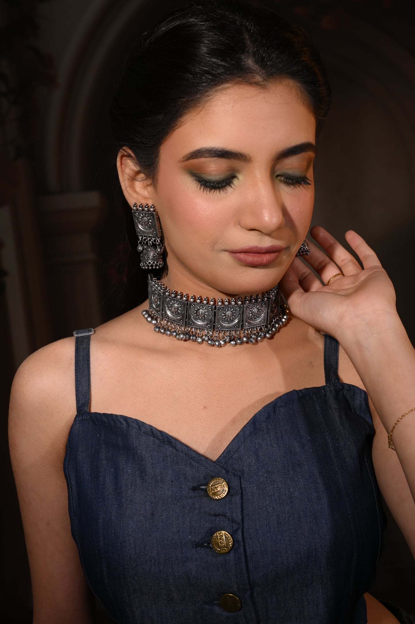 Tribal Sun-Motif Oxidised Mirror Choker Set