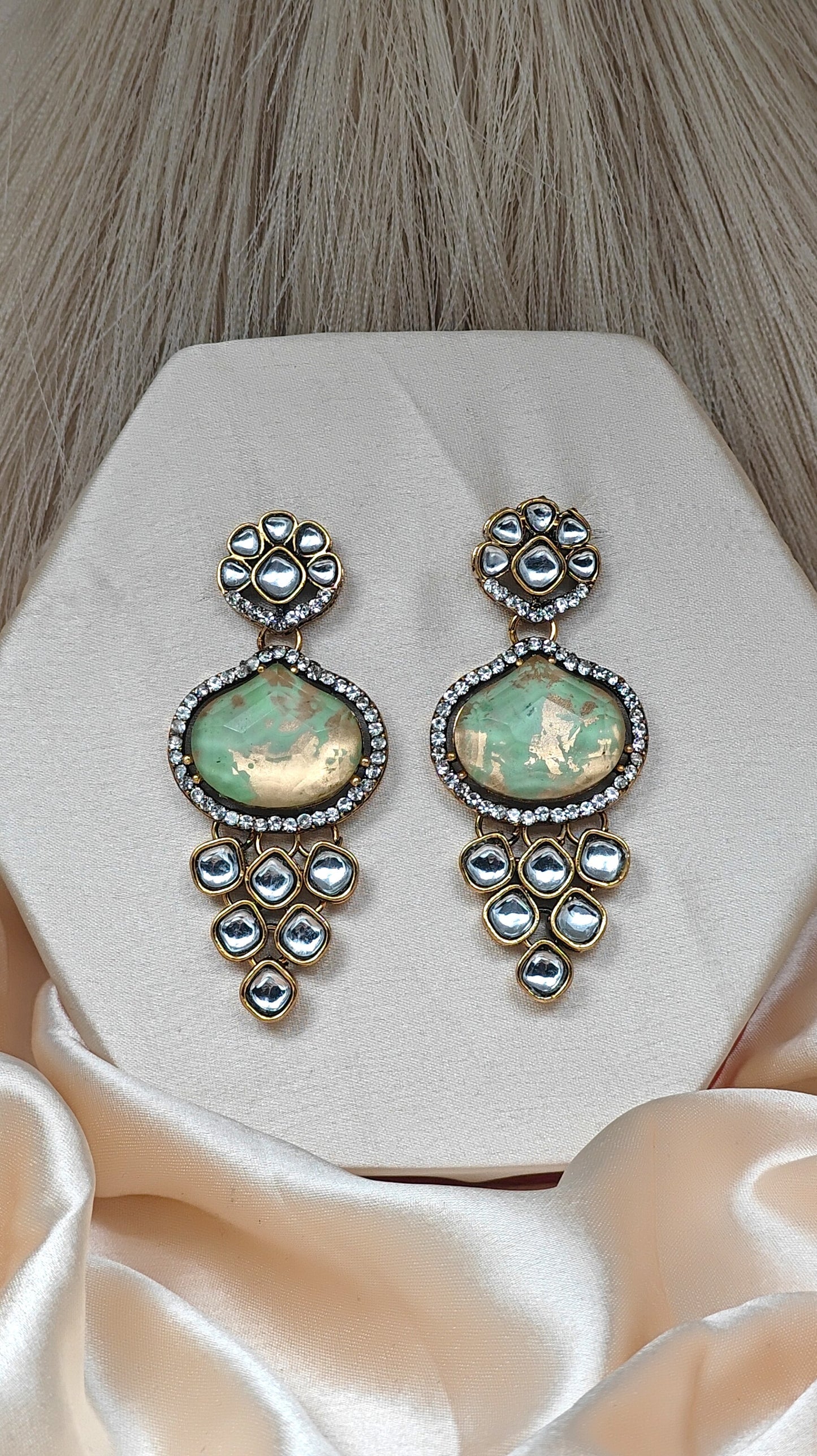 Elegant Green Stone Kundan Drop Earrings