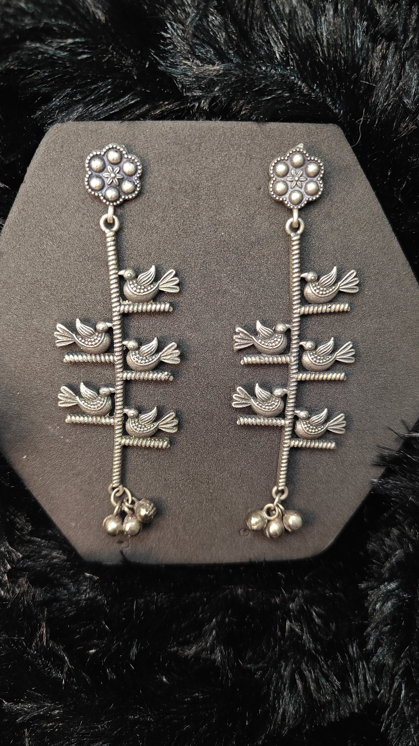 Silver Bird Motif Long Earrings