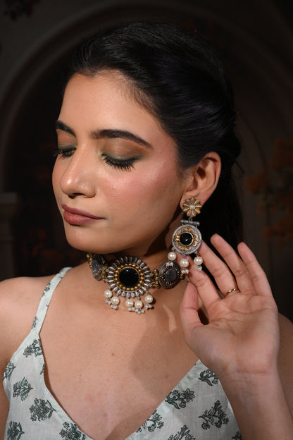 Noir Pearl Medallion Oxidised Choker Set