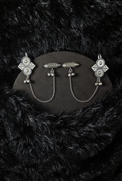 Silver Ear Cuffs With Chain & Dual motif Drops