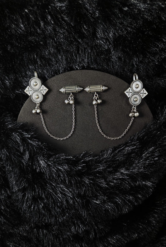 Silver Ear Cuffs With Chain & Dual motif Drops
