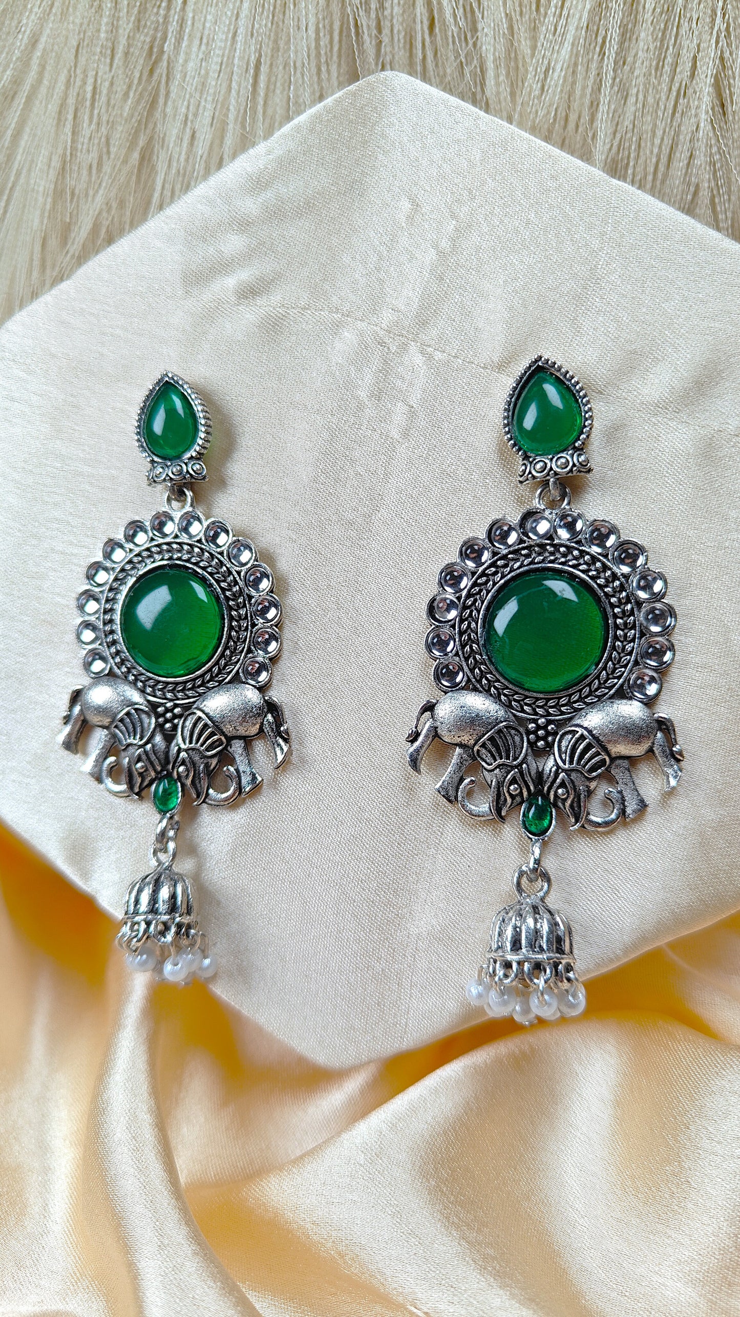 Emerald Elephant Heritage Oxidised Statement Earrings