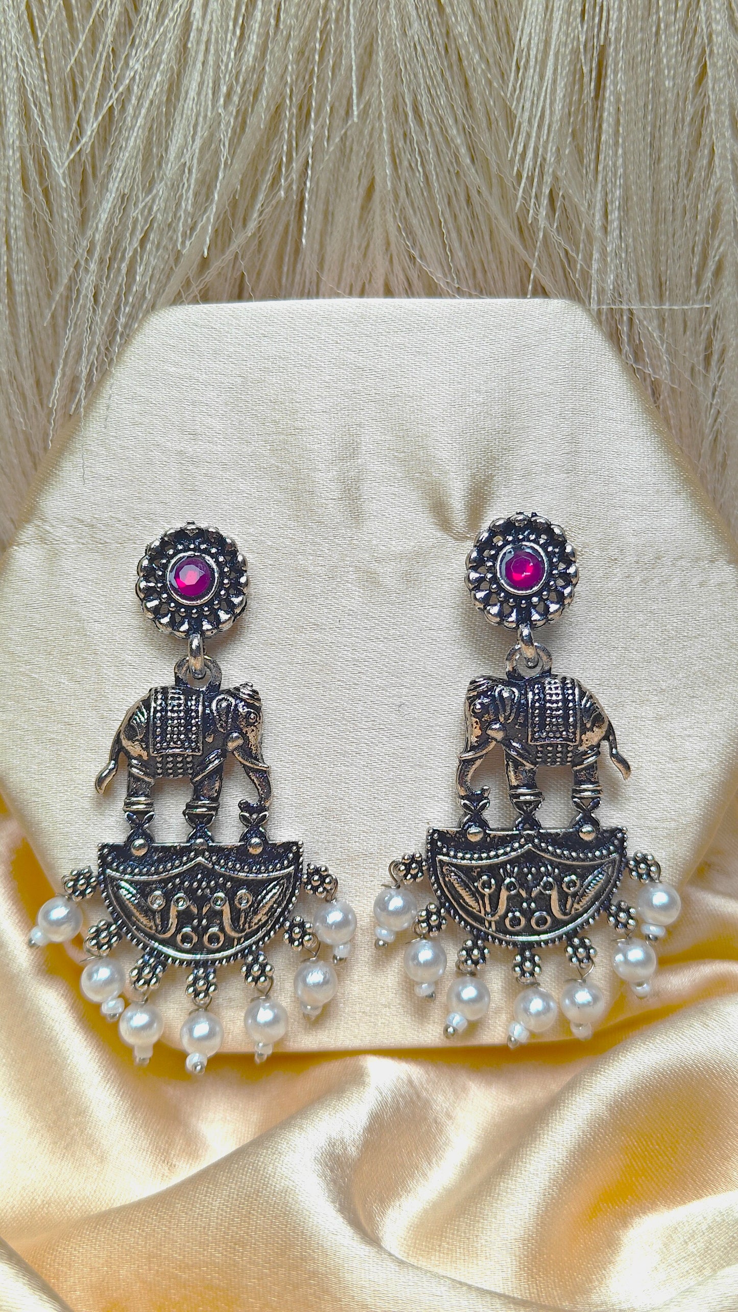 Royal Haathi Oxidised Pearl Dangler Earrings
