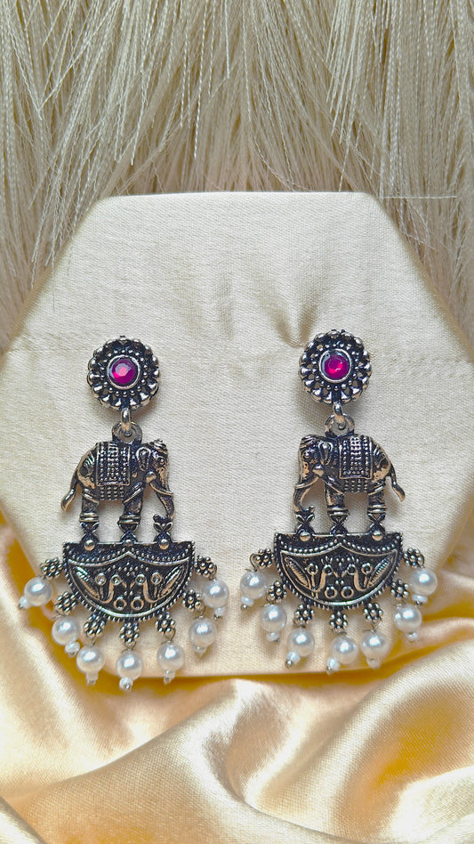 Royal Haathi Oxidised Pearl Dangler Earrings