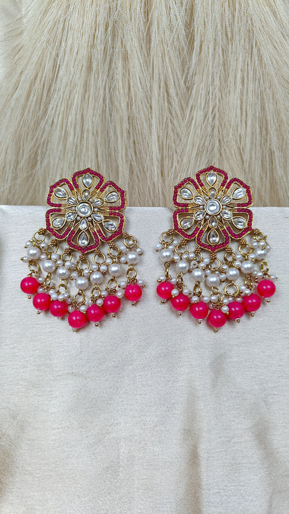 Rose pink kundan floral pearl chandbali earrings