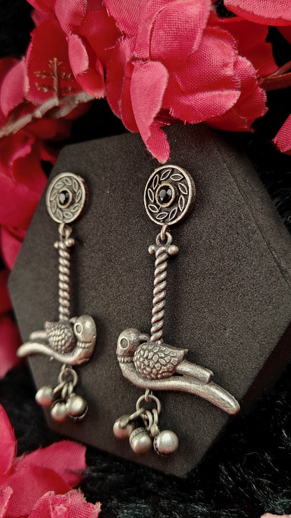 Oxidized Tribal Bird Earrings with Black Stone