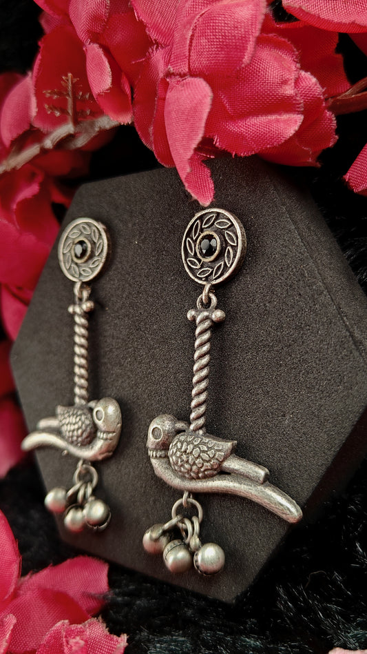 Oxidized Tribal Bird Earrings with Black Stone