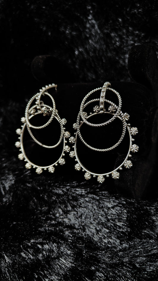 Antique Silver Triple Hoop Oxidised Earrings
