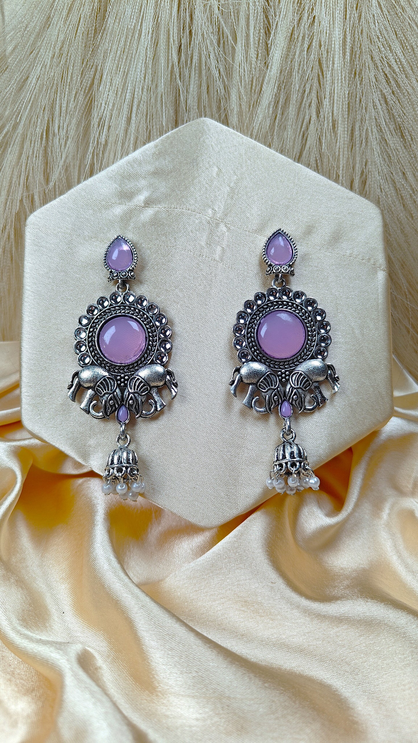Lavender Majesty Elephant Oxidised Statement Earrings