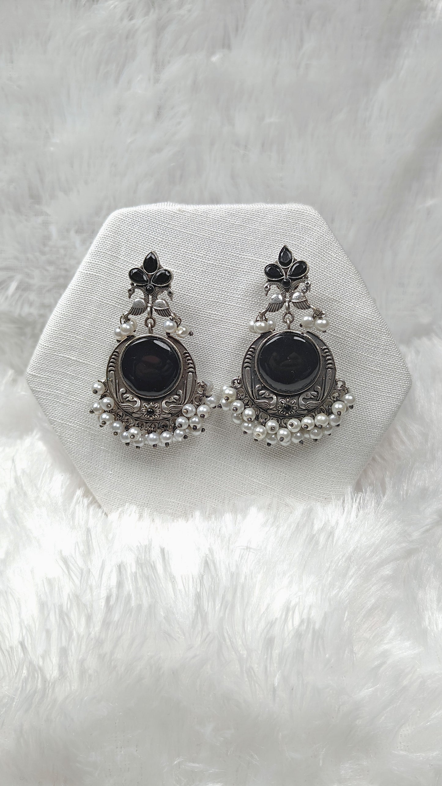 Oxidized Silver Black Stone Chandbali Earrings with Pearl Drops