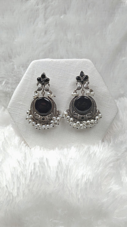 Oxidized Silver Black Stone Chandbali Earrings with Pearl Drops