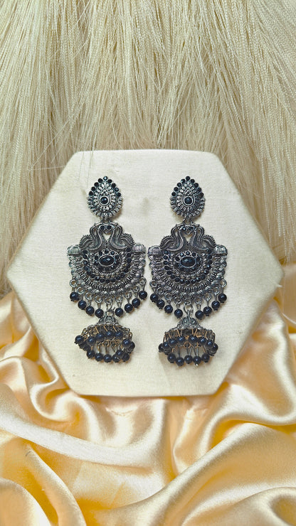 Noir Royale Oxidised Black Stone Chandbali Jhumka Earrings