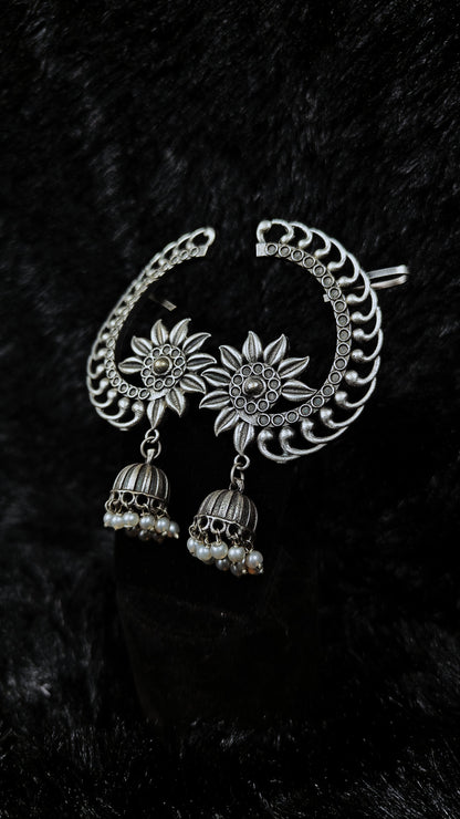 Oxidised crescent sunflower ear cuffs jhumki