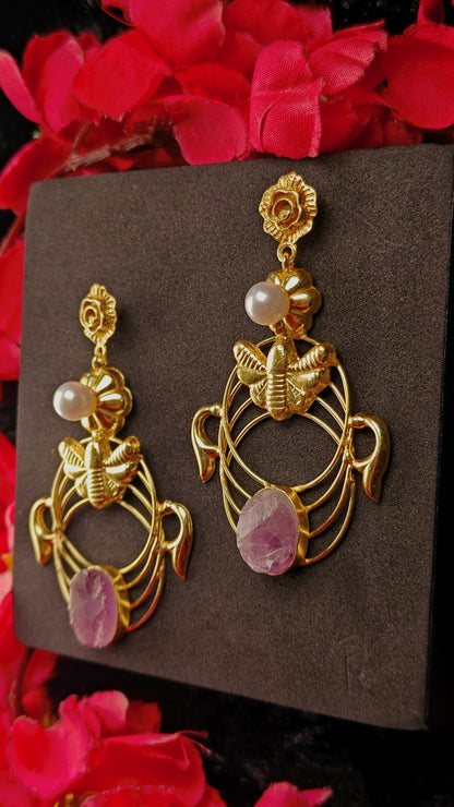 Gold-Plated Bee Motif Earrings With Pearl & Amethyst Stones