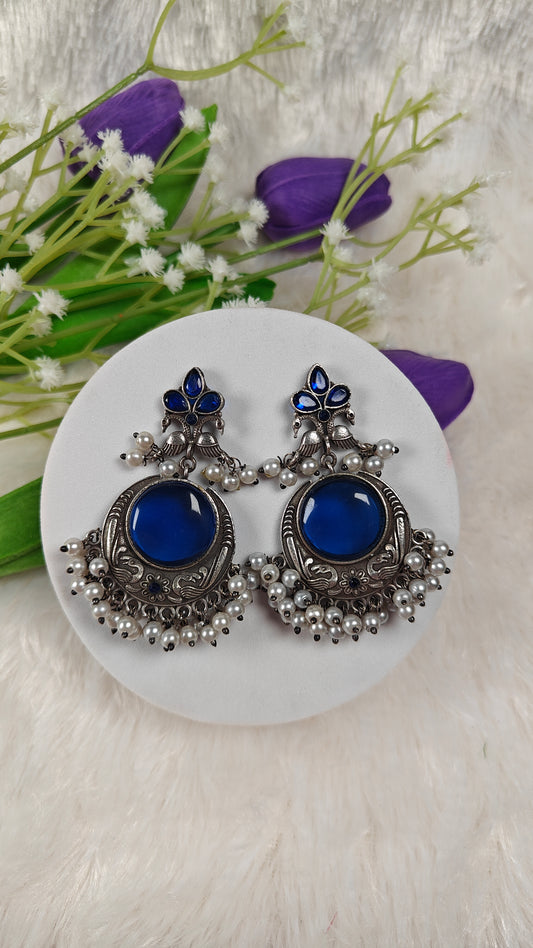 Royal Blue Oxidized Silver Jhumka Earrings With Pearls