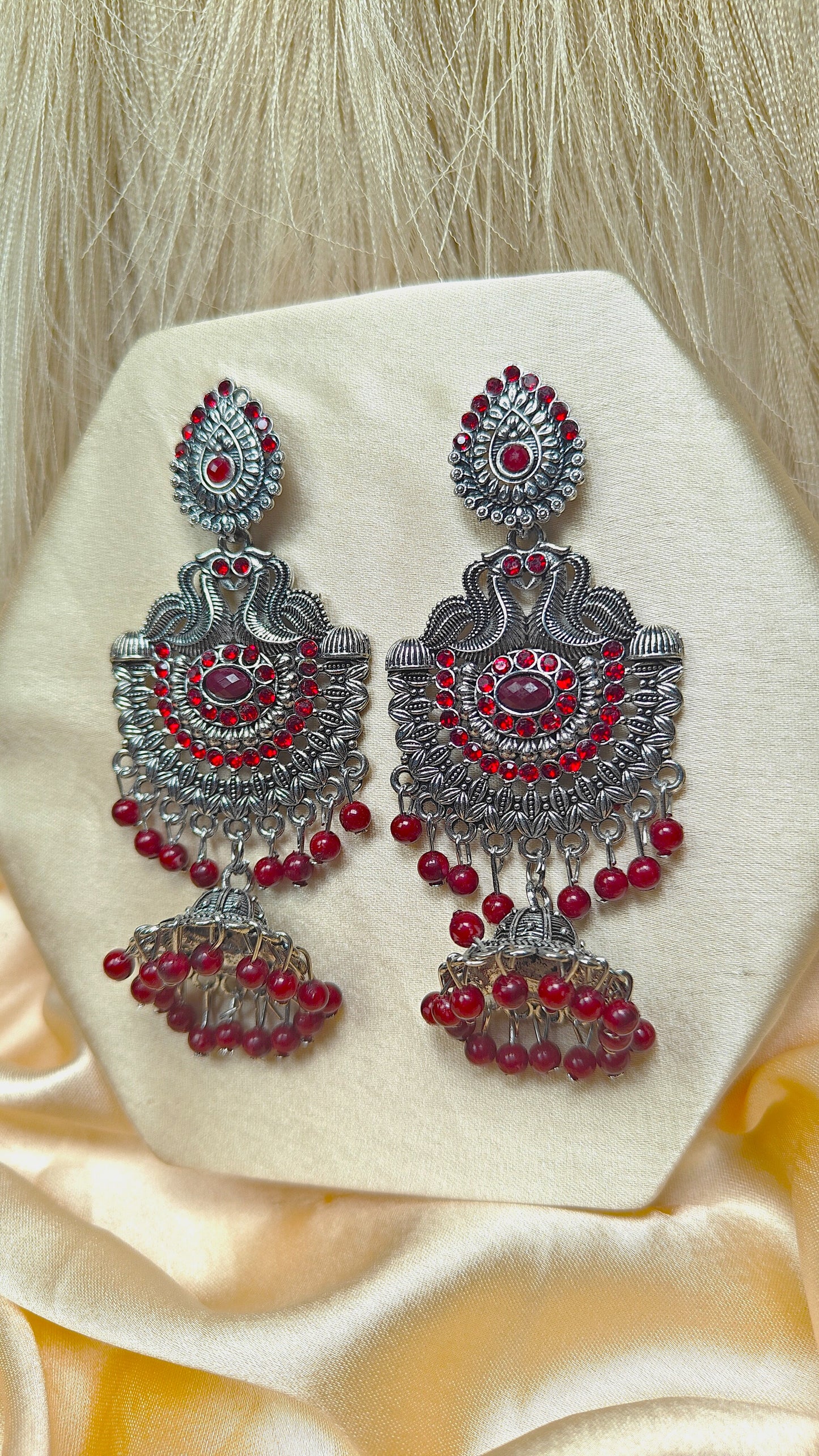 Ruby Maharani Oxidised Maroon Stone Chandbali Jhumka Earrings