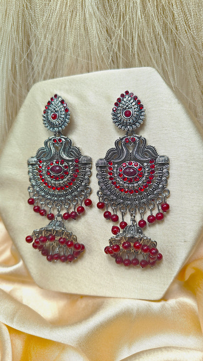 Ruby Maharani Oxidised Maroon Stone Chandbali Jhumka Earrings
