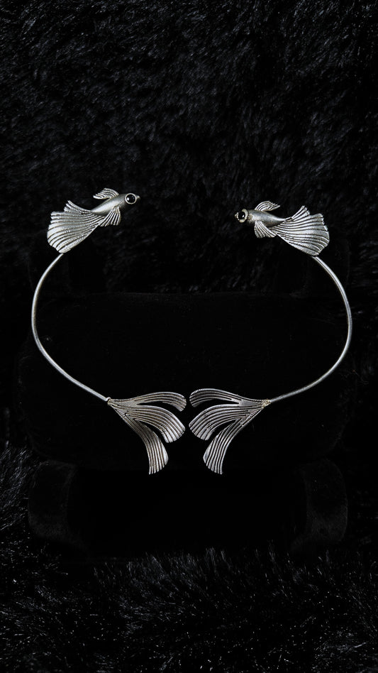 Silver betta fish dangle earcuffs earrings