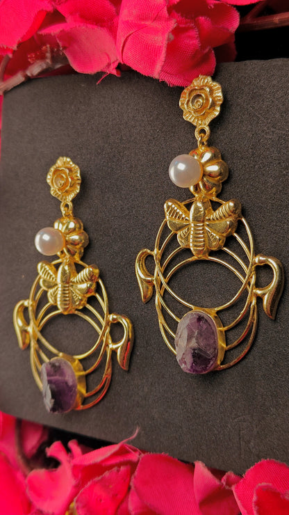 Golden Bee Amethyst Drop Earrings