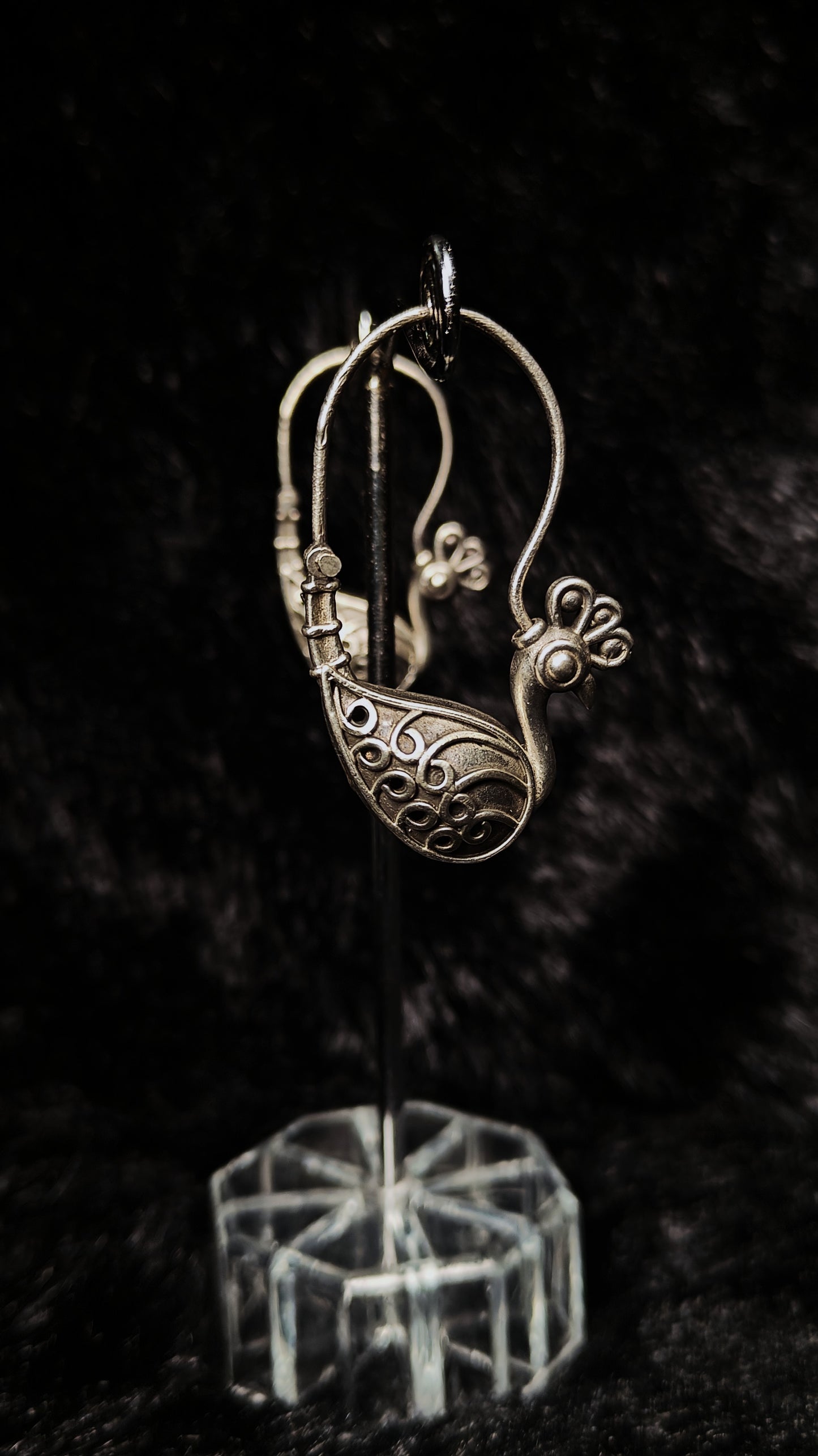 Oxidised silver peacock loop earrings