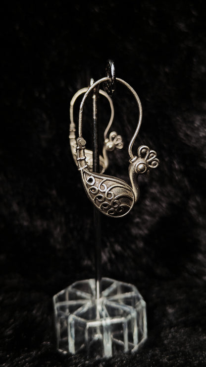 Oxidised silver peacock loop earrings