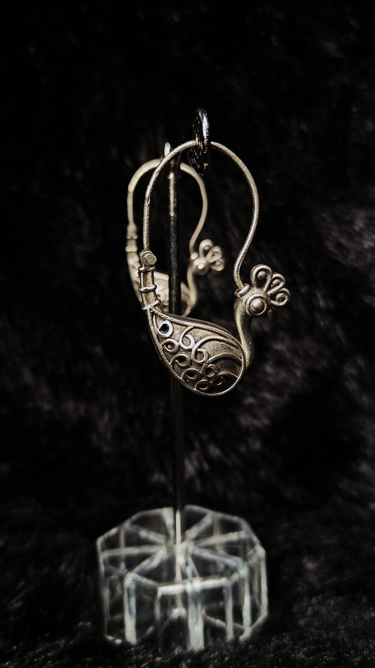 Oxidised silver peacock loop earrings