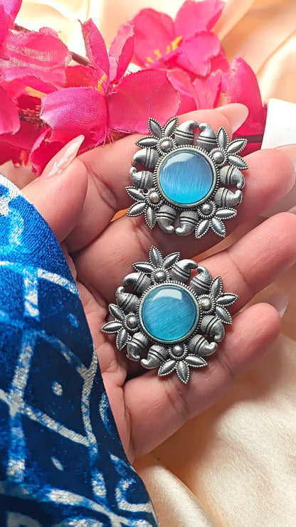 Aqua Bloom Oxidised Stud Earrings