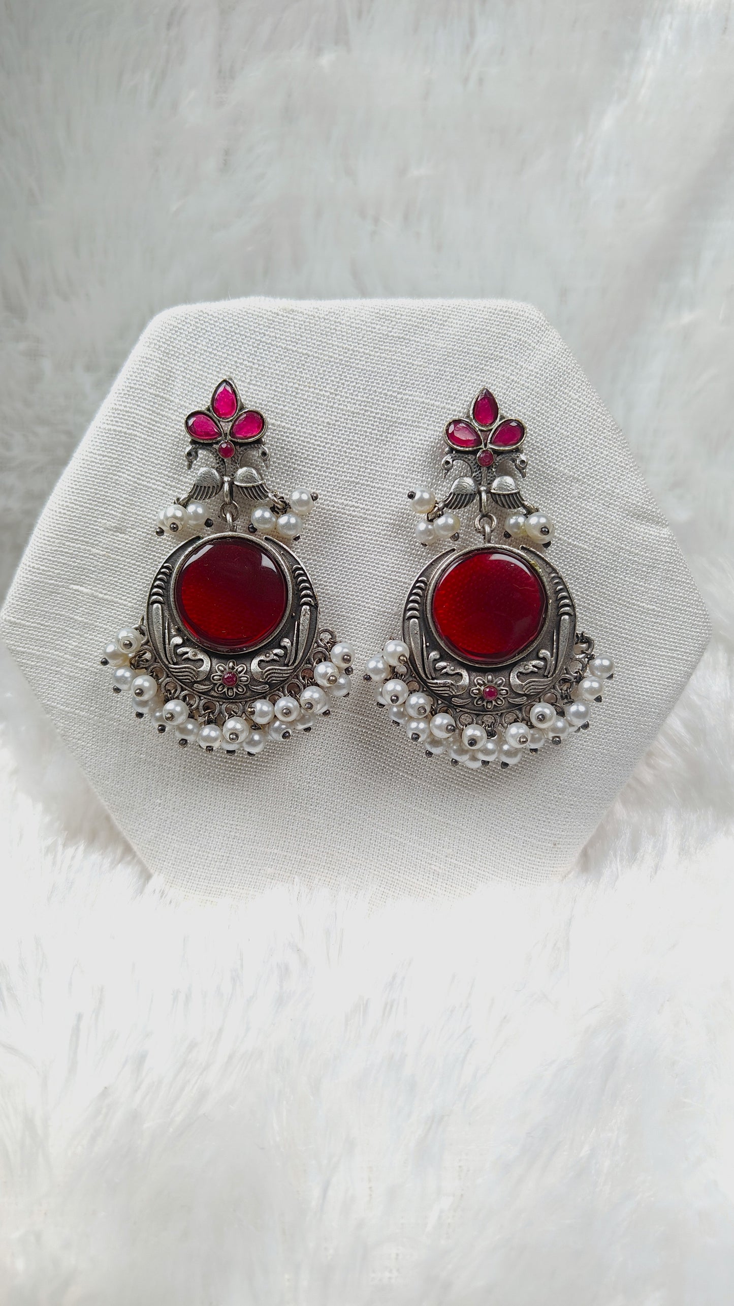 Oxidized Silver Ruby Stone Chandbali Earrings with Pearl Beads