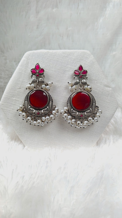 Oxidized Silver Ruby Stone Chandbali Earrings with Pearl Beads