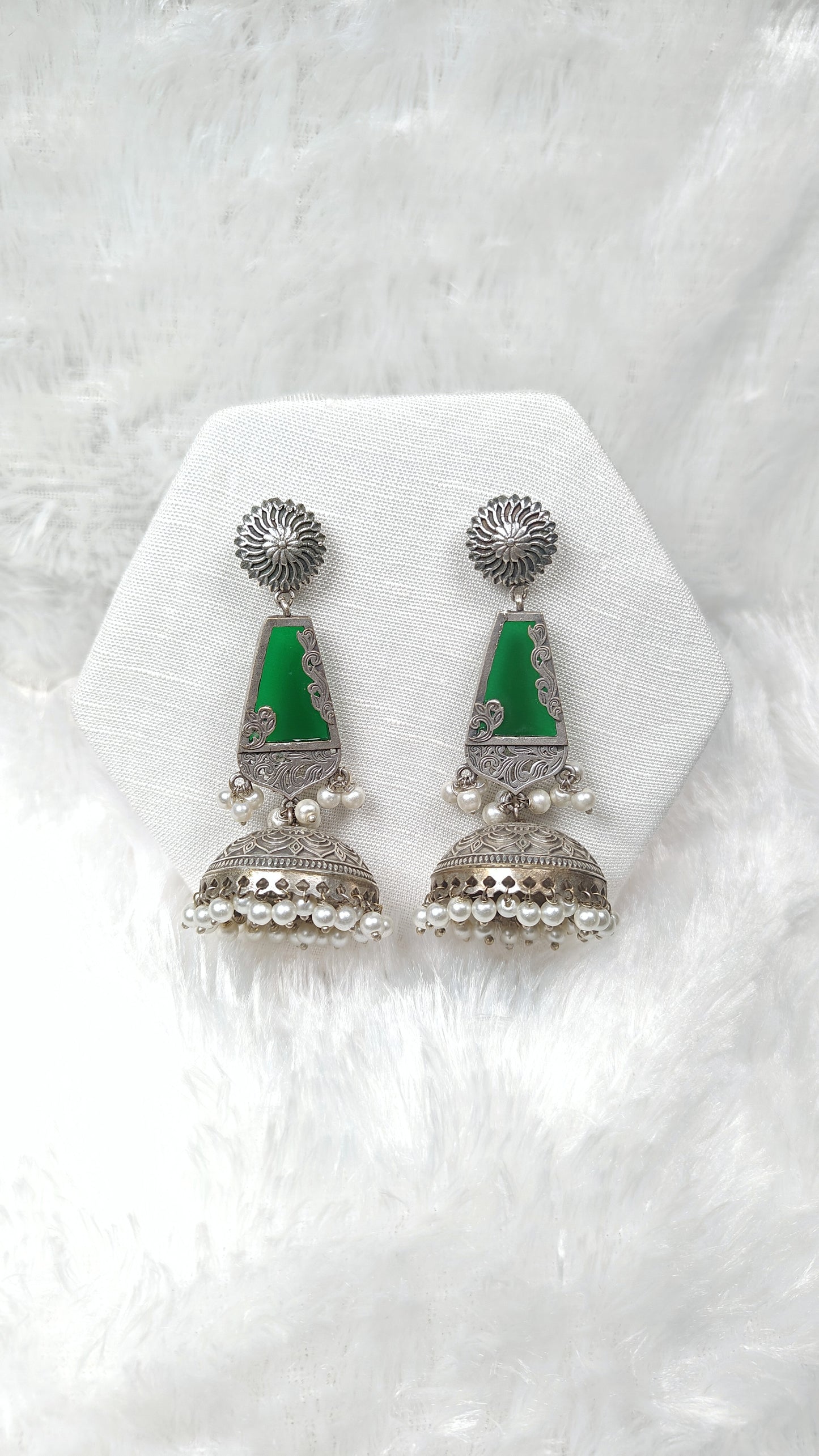 Silver Green Stone Jhumka Earrings With Pearl Drops