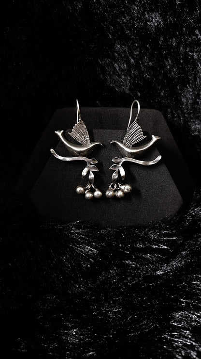 Antique Silver BIird Design Dangle Earrings With Ghungroo