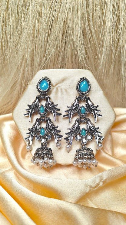 Blue Sparrow Cascade Oxidised Jhumka Earrings